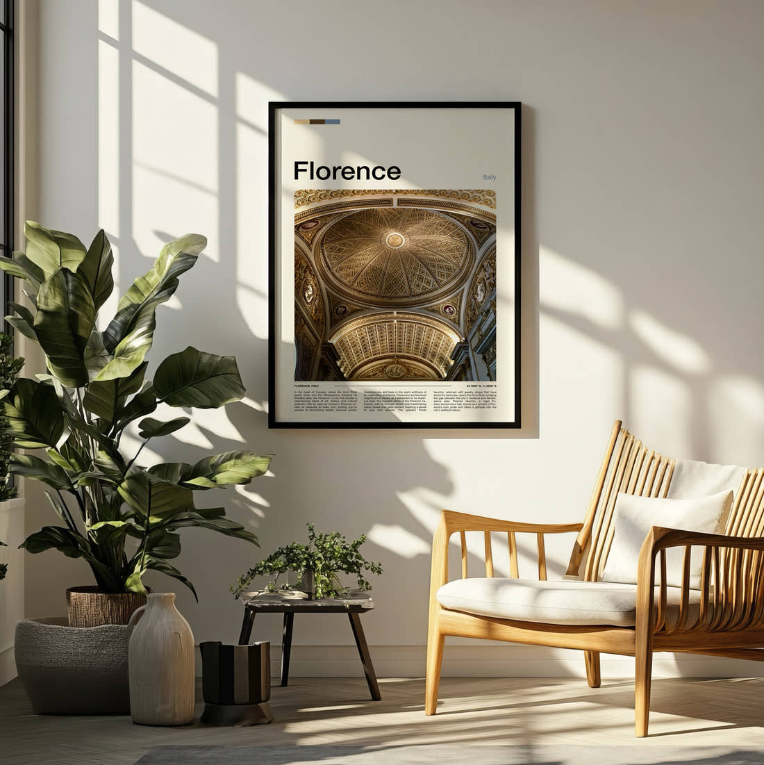 Florence Ornate Domed Ceiling Travel Print framed on a pale wall beside houseplants