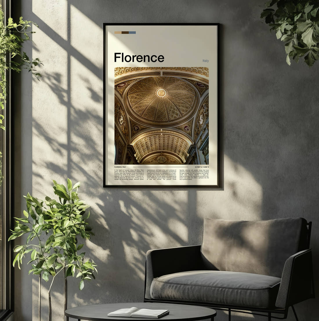 Florence Ornate Domed Ceiling Travel Print framed on the wall of a relaxed living room