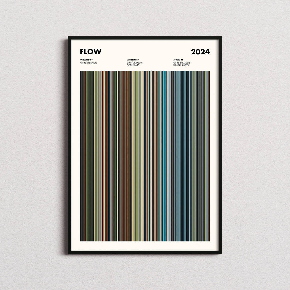 Flow Movie Barcode Poster framed on a plain studio wall