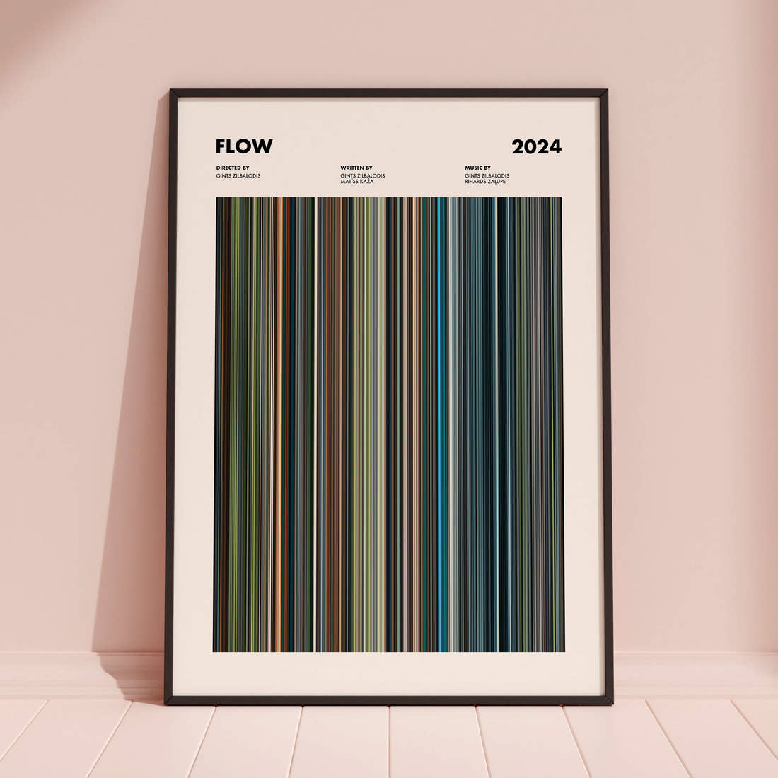 Flow Movie Barcode Poster framed and leaning against a coloured wall