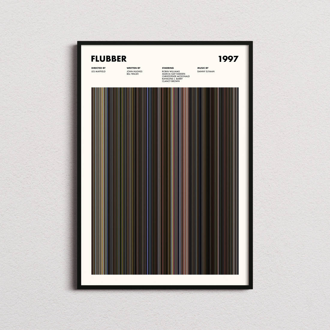 Flubber Movie Barcode Poster framed on a plain studio wall