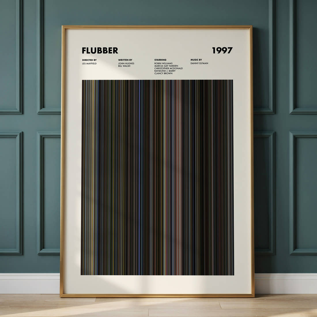 Flubber Movie Barcode Poster framed and leaning against a panelled wall