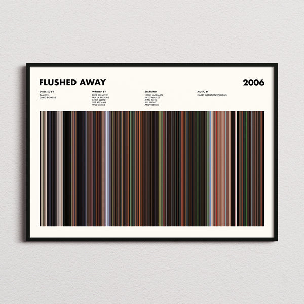 Flushed Away Movie Barcode Poster framed and photographed straight on