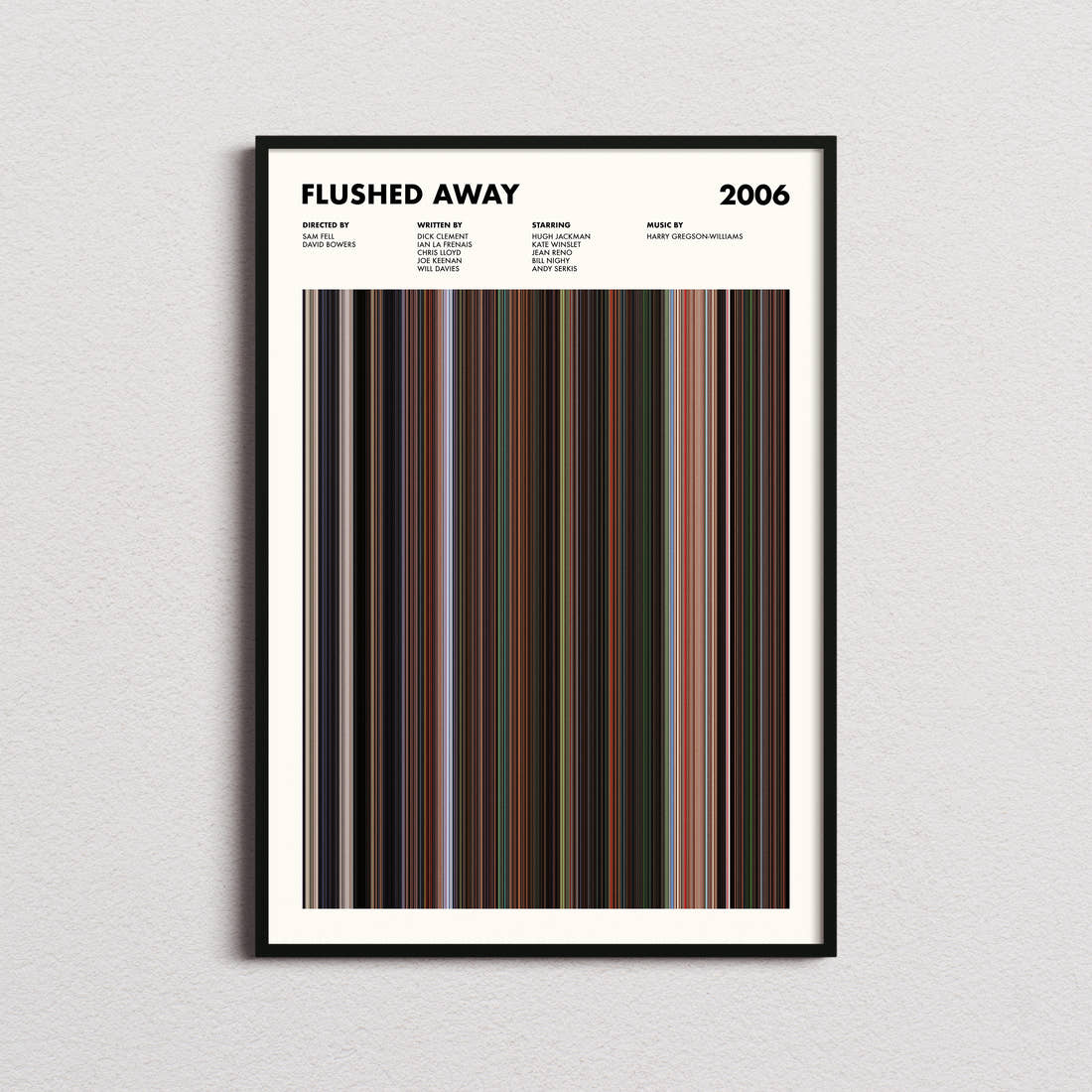 Flushed Away Movie Barcode Poster framed on a plain studio wall