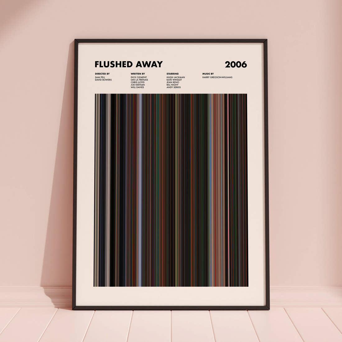 Flushed Away Movie Barcode Poster framed and leaning against a coloured wall