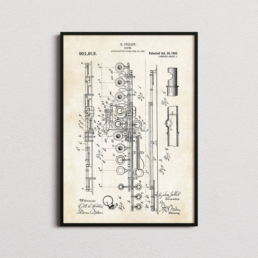 Flute Patent Print in the aged paper colourway, framed