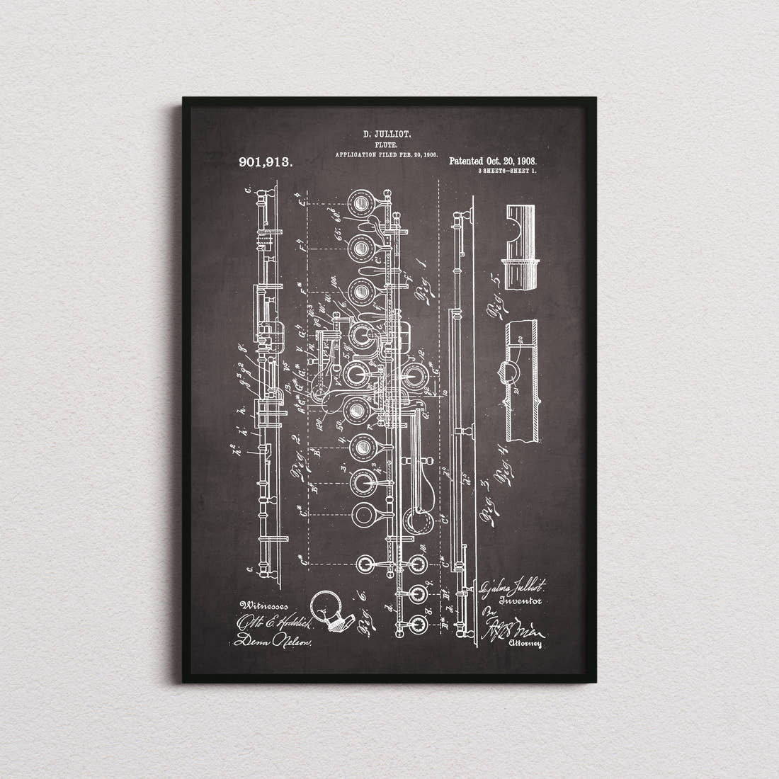 Flute Patent Print in the blackboard colourway, framed