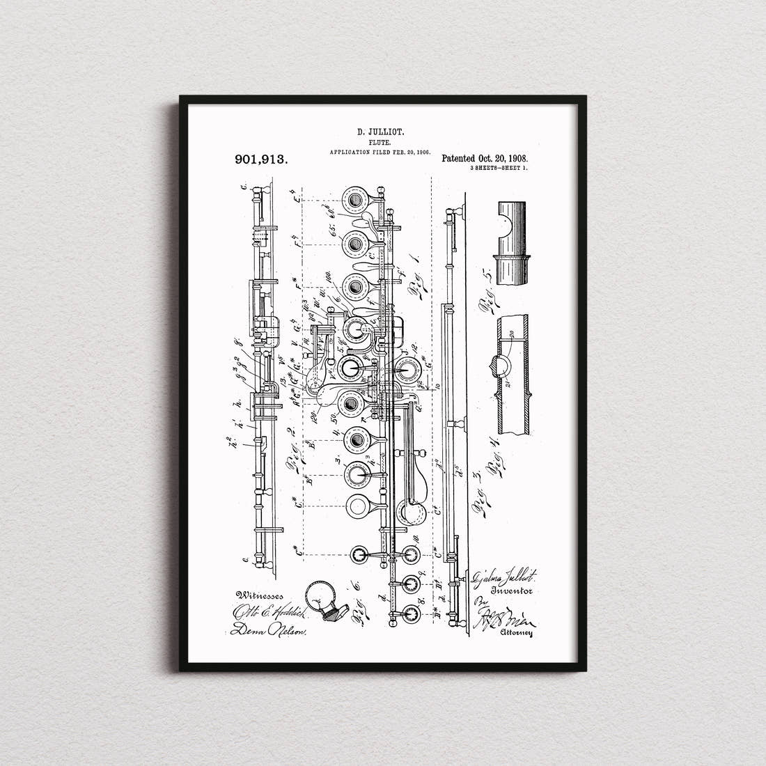 Flute Patent Print in the white colourway, framed