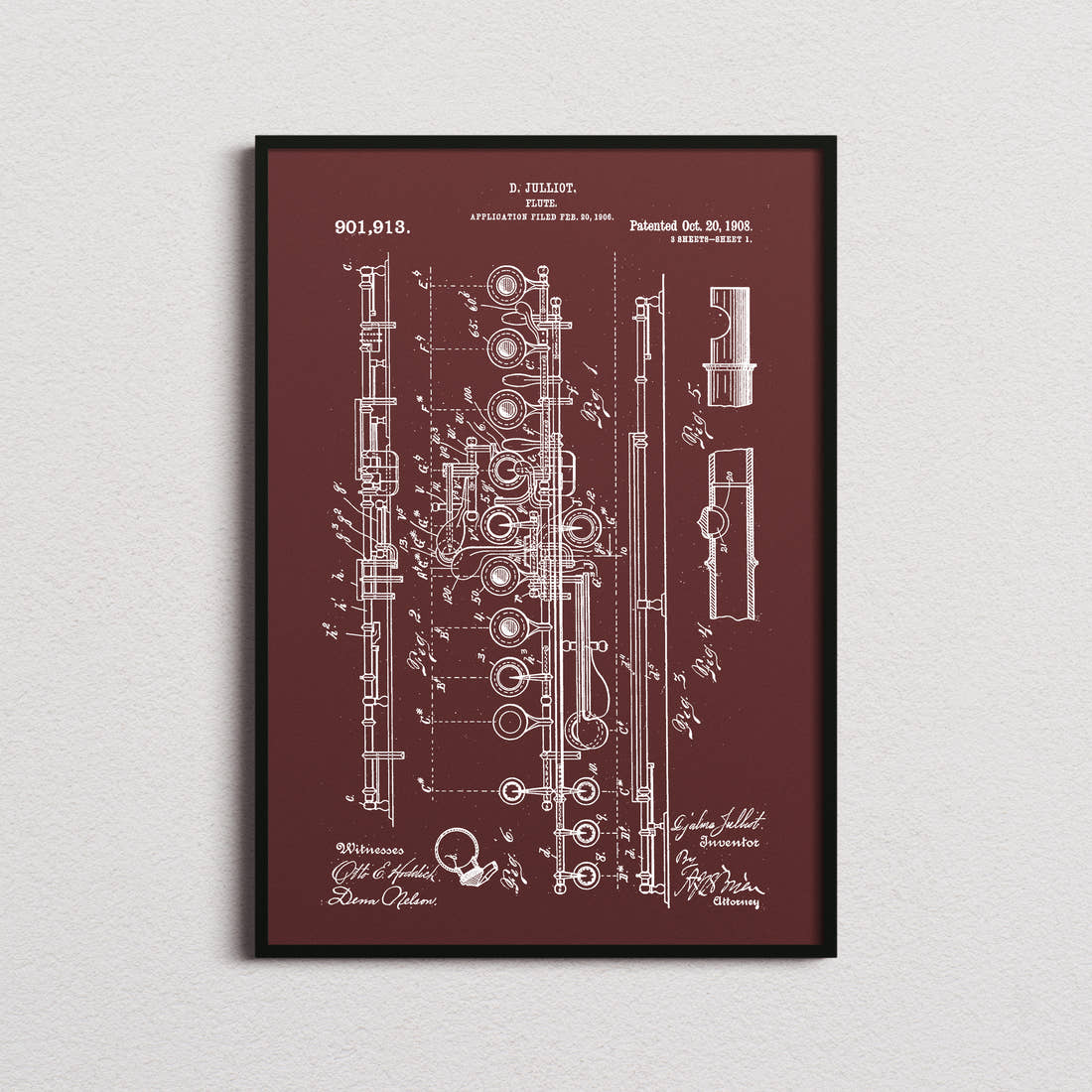 Flute Patent Print in the burgundy colourway, framed