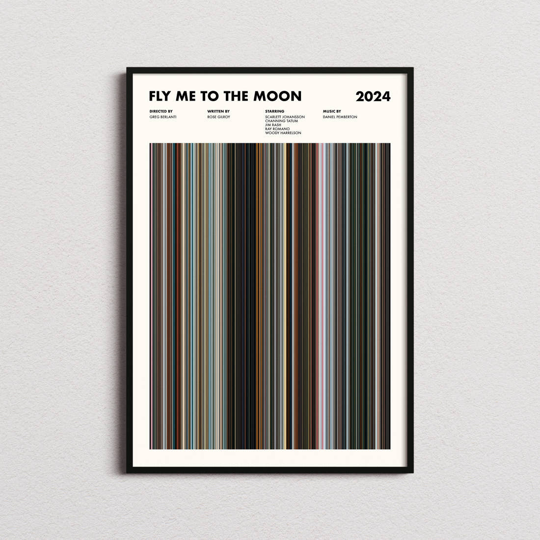 Fly Me to the Moon Movie Barcode Poster framed on a plain studio wall