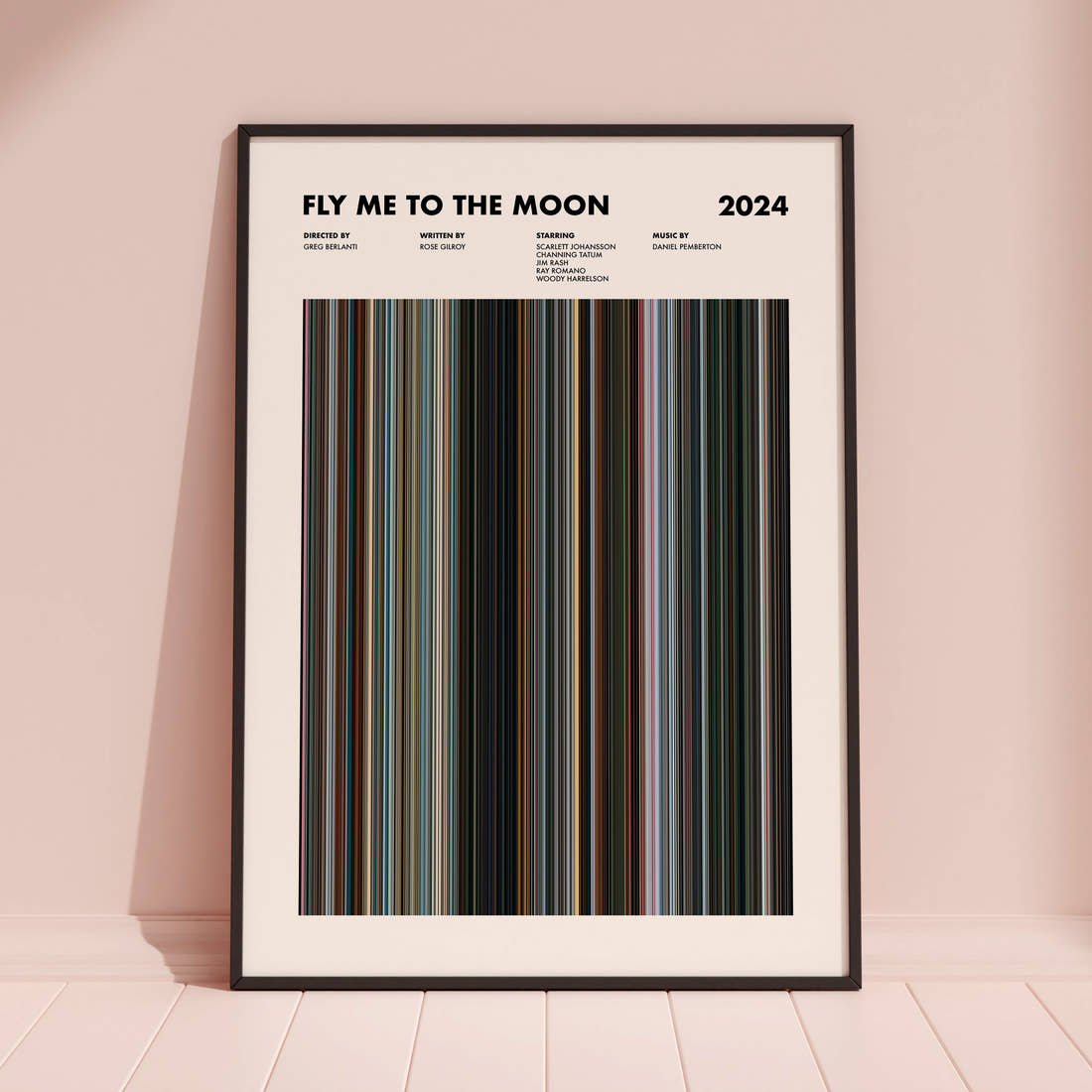 Fly Me to the Moon Movie Barcode Poster framed and leaning against a coloured wall