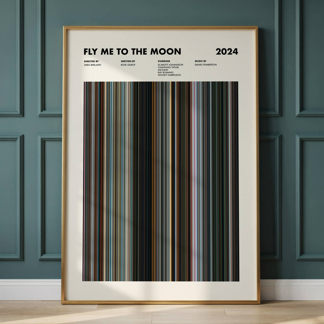 Fly Me to the Moon Movie Barcode Poster framed and leaning against a panelled wall