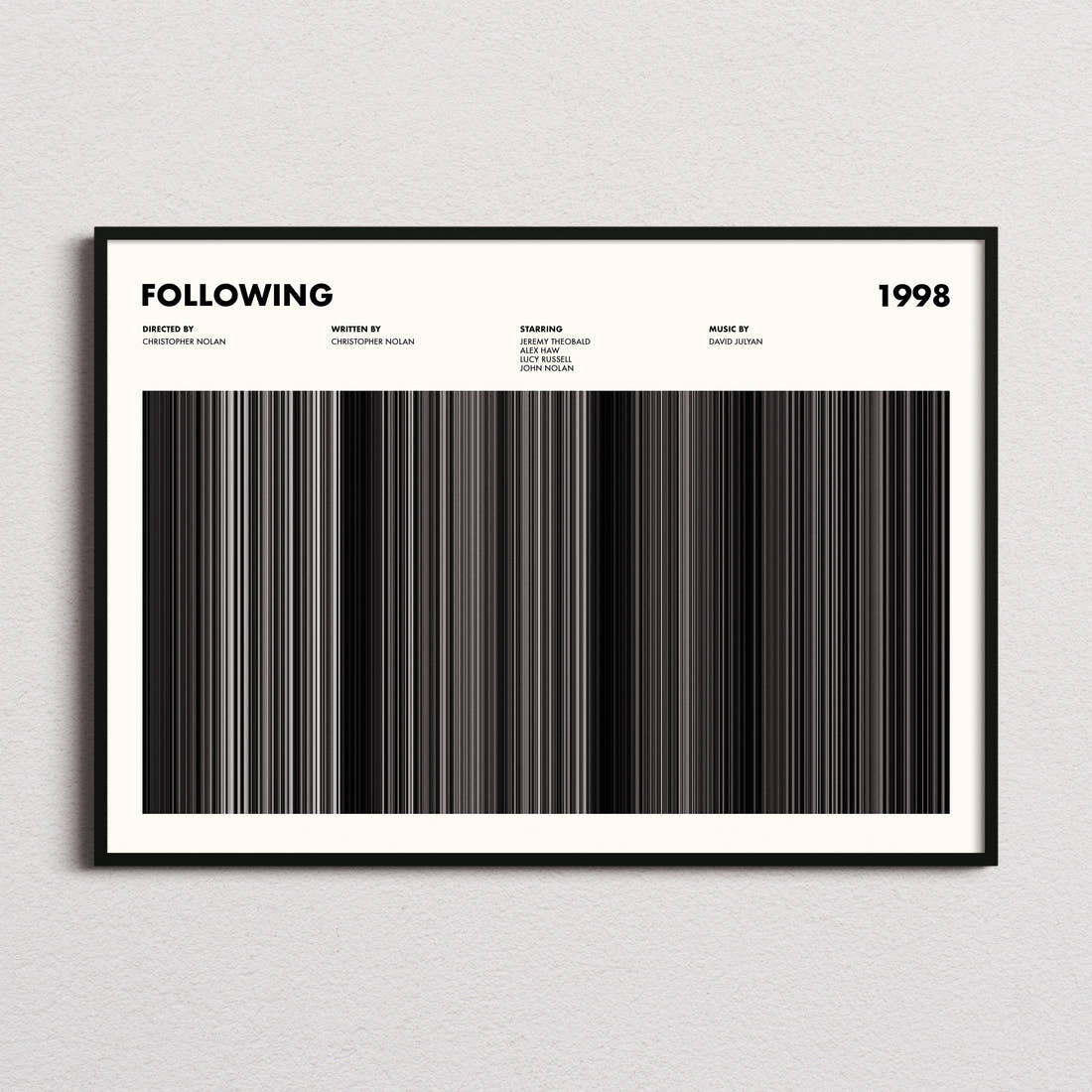 Following Movie Barcode Poster framed and photographed straight on