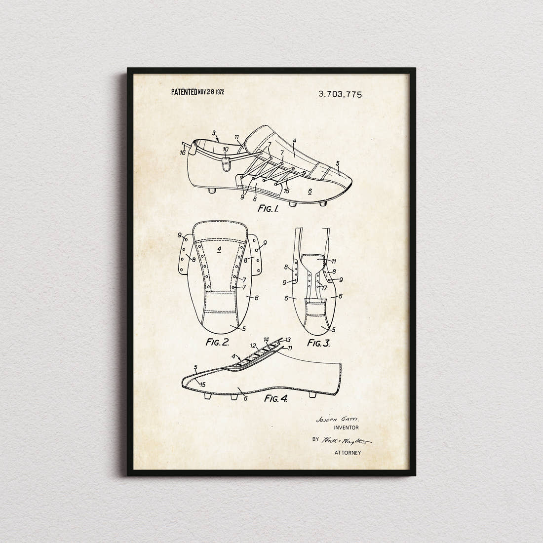Football Boot Patent Print in the aged paper colourway, framed