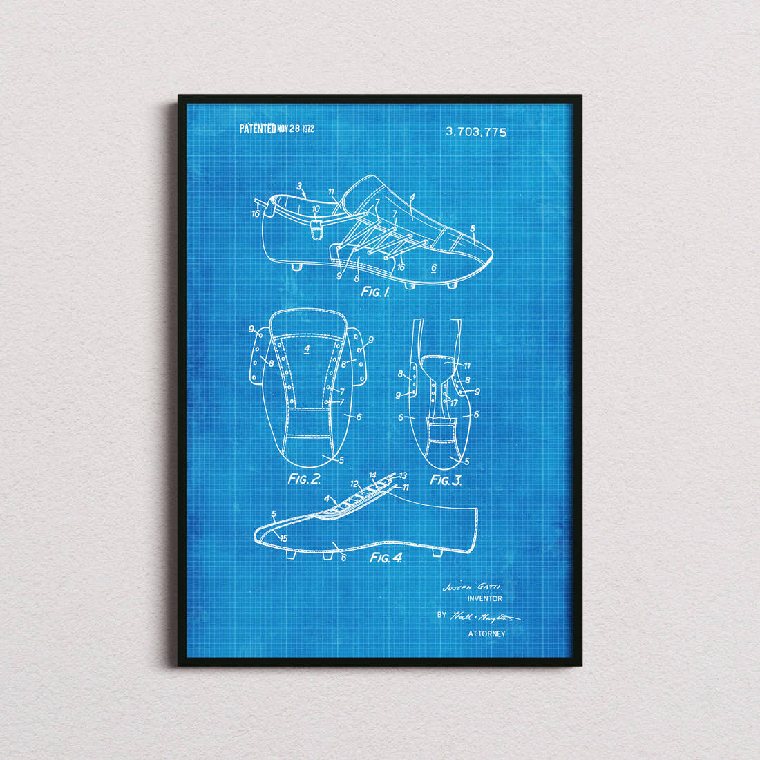 Football Boot Patent Print in the blueprint colourway, framed