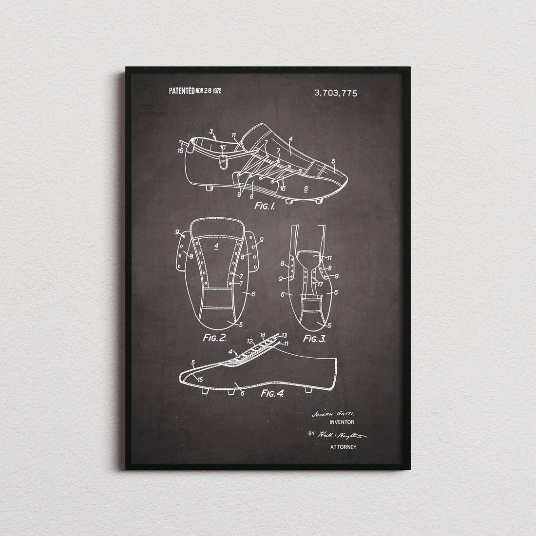 Football Boot Patent Print in the blackboard colourway, framed