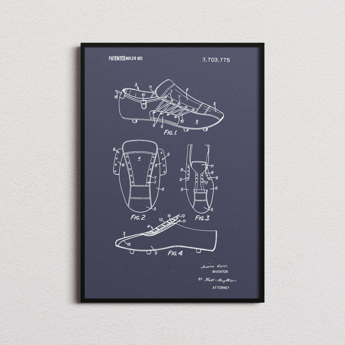 Football Boot Patent Print in the navy colourway, framed