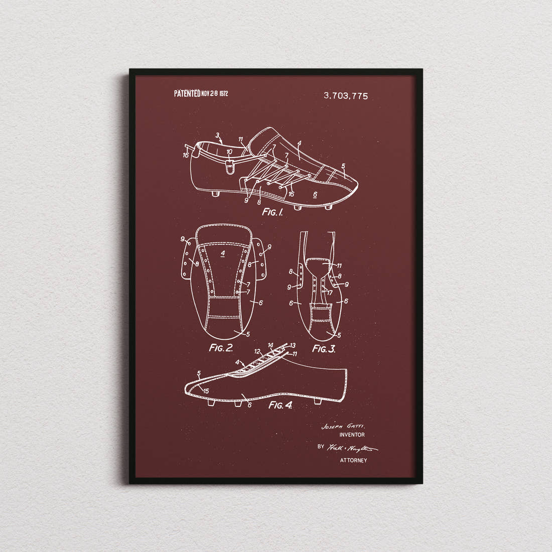 Football Boot Patent Print in the burgundy colourway, framed