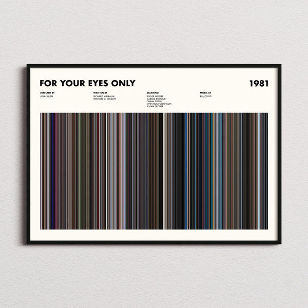 For Your Eyes Only Movie Barcode Poster framed and photographed straight on