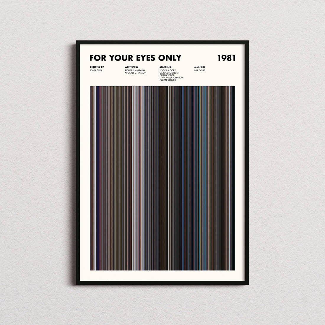 For Your Eyes Only Movie Barcode Poster framed on a plain studio wall