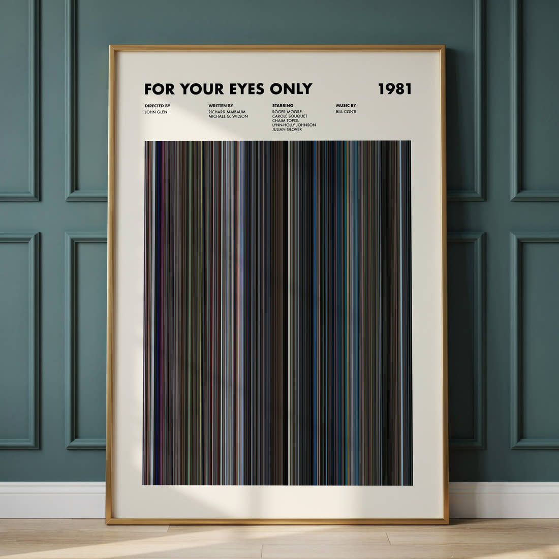 For Your Eyes Only Movie Barcode Poster framed and leaning against a panelled wall