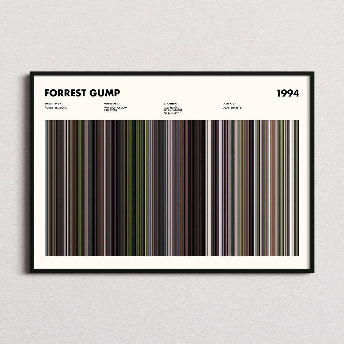 Forrest Gump Movie Barcode Poster framed and photographed straight on