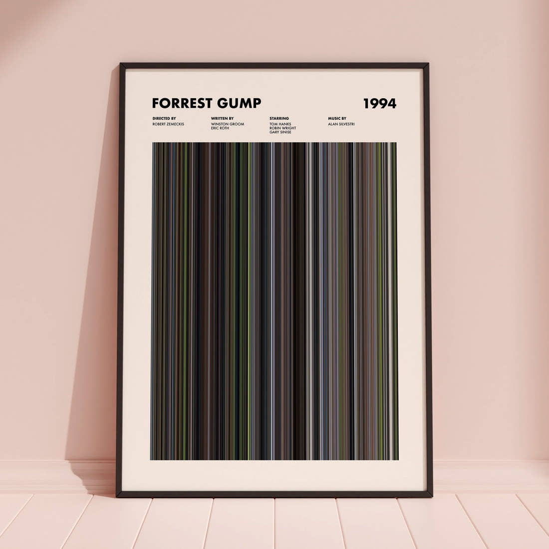 Forrest Gump Movie Barcode Poster framed and leaning against a coloured wall