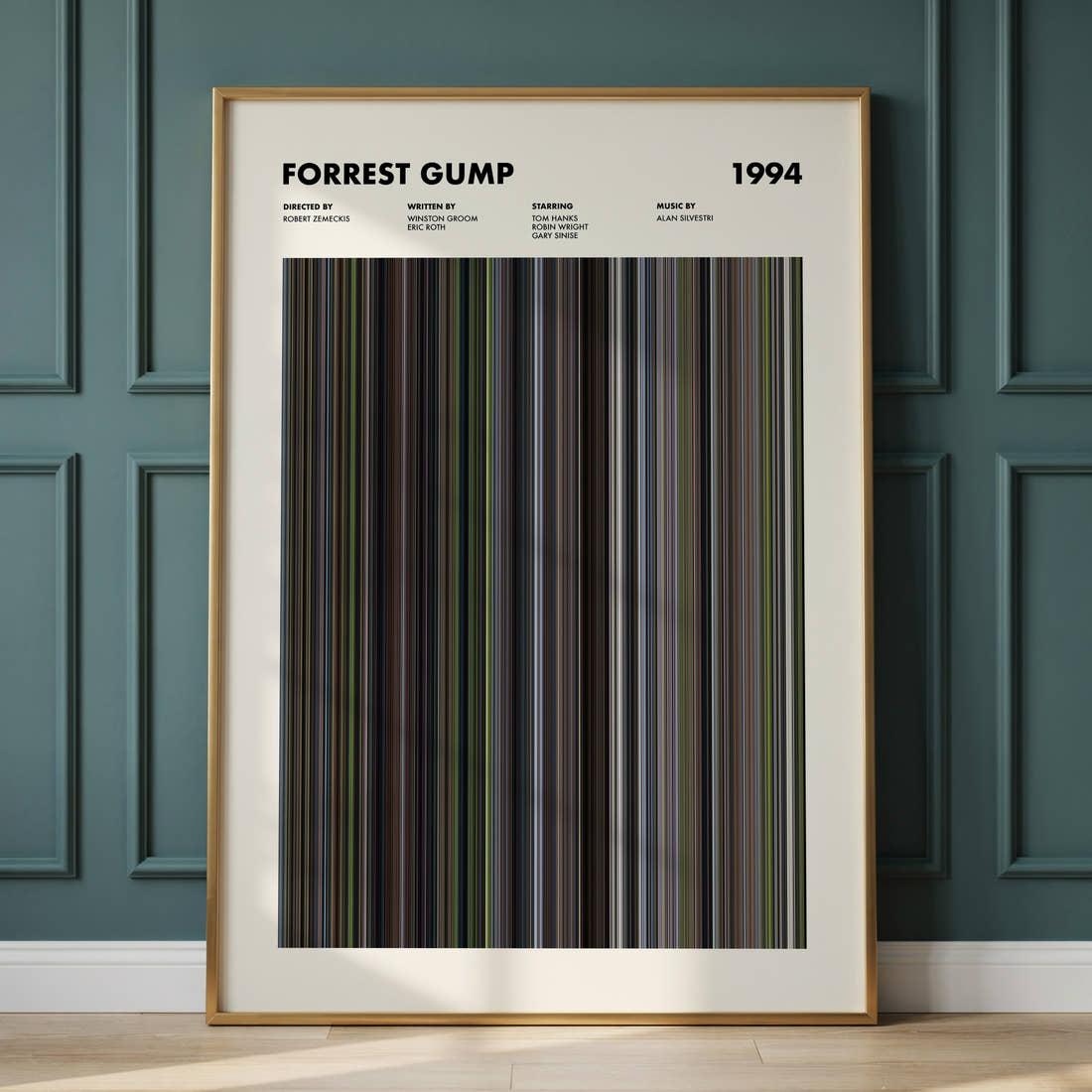 Forrest Gump Movie Barcode Poster framed and leaning against a panelled wall