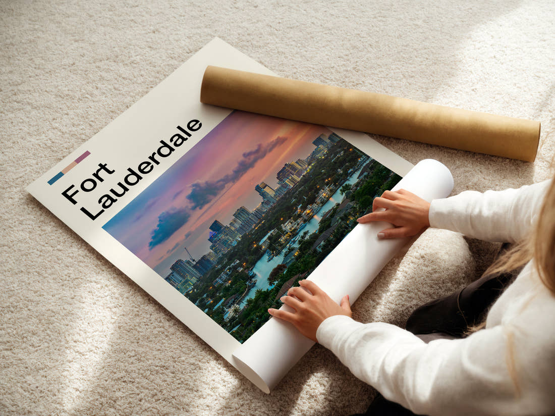 Fort Lauderdale Skyline At Sunset Travel Print being unrolled from its postal tube