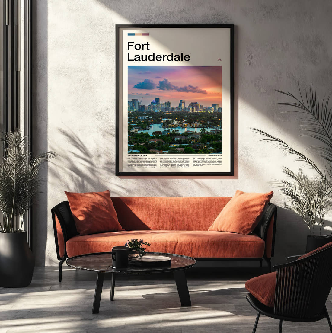 Fort Lauderdale Skyline At Sunset Travel Print framed on the wall of a modern living room