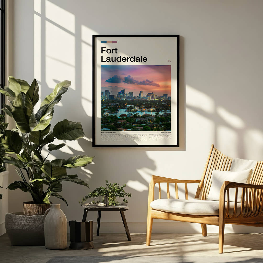 Fort Lauderdale Skyline At Sunset Travel Print framed on a pale wall beside houseplants
