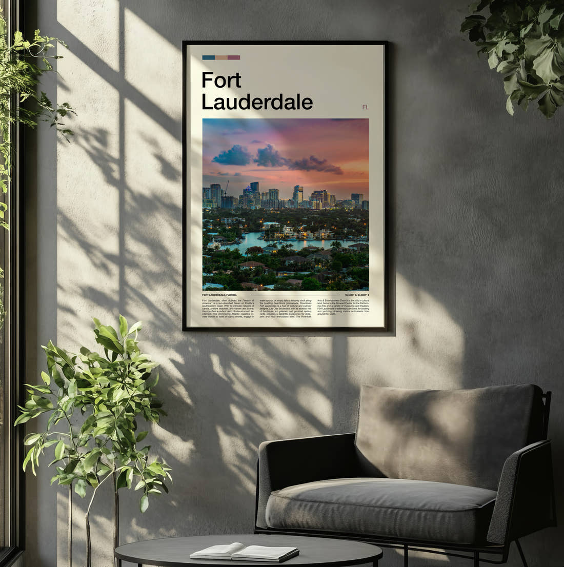 Fort Lauderdale Skyline At Sunset Travel Print framed on the wall of a relaxed living room