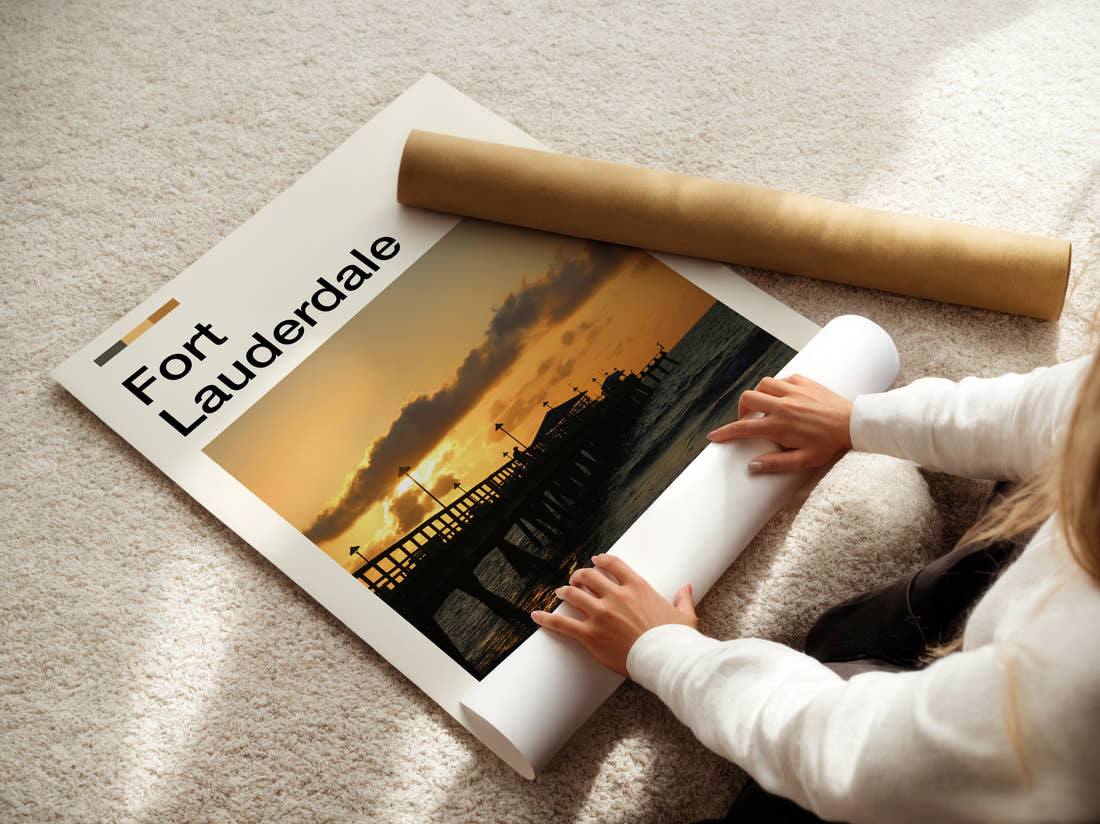 Fort Lauderdale Pier At Sunset Travel Print being unrolled from its postal tube