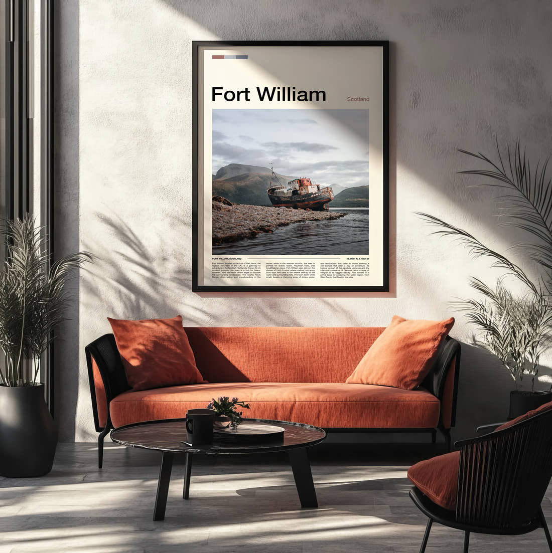 Fort William Shipwreck On The Shore Travel Print framed on the wall of a modern living room