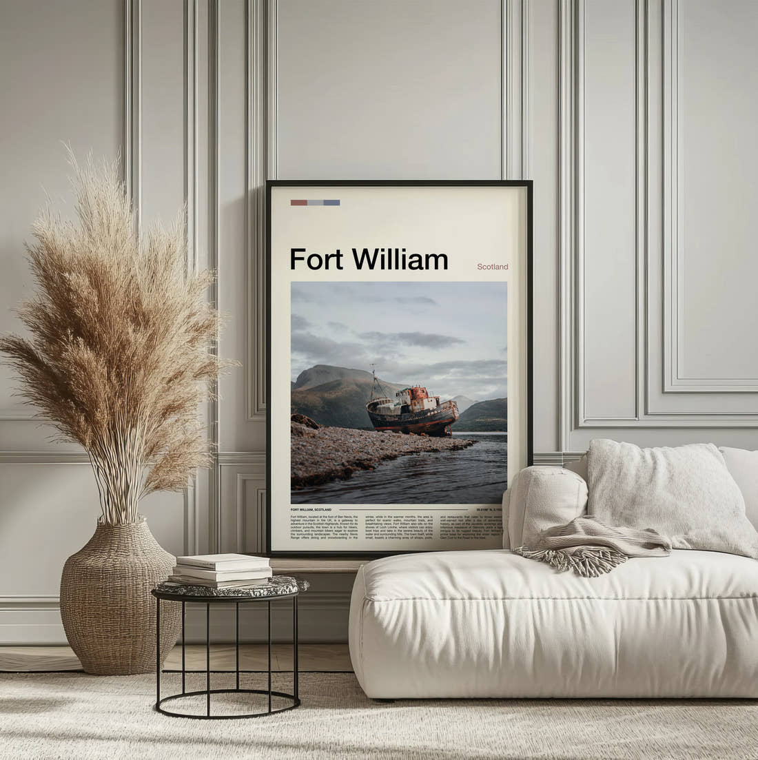 Fort William Shipwreck On The Shore Travel Print framed on the wall of a calm, neutral bedroom