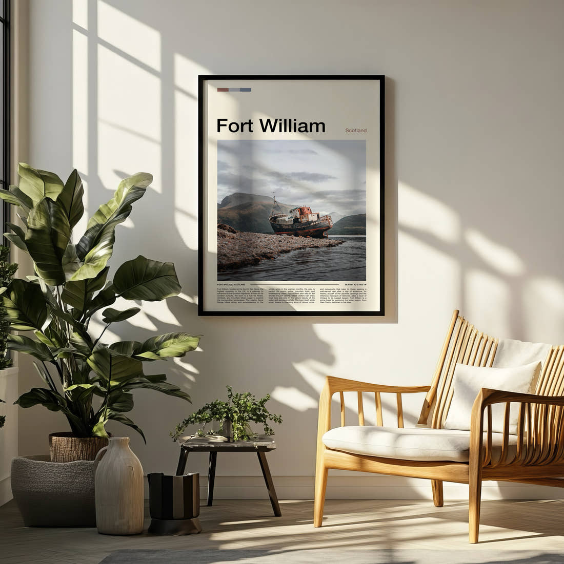 Fort William Shipwreck On The Shore Travel Print framed on a pale wall beside houseplants