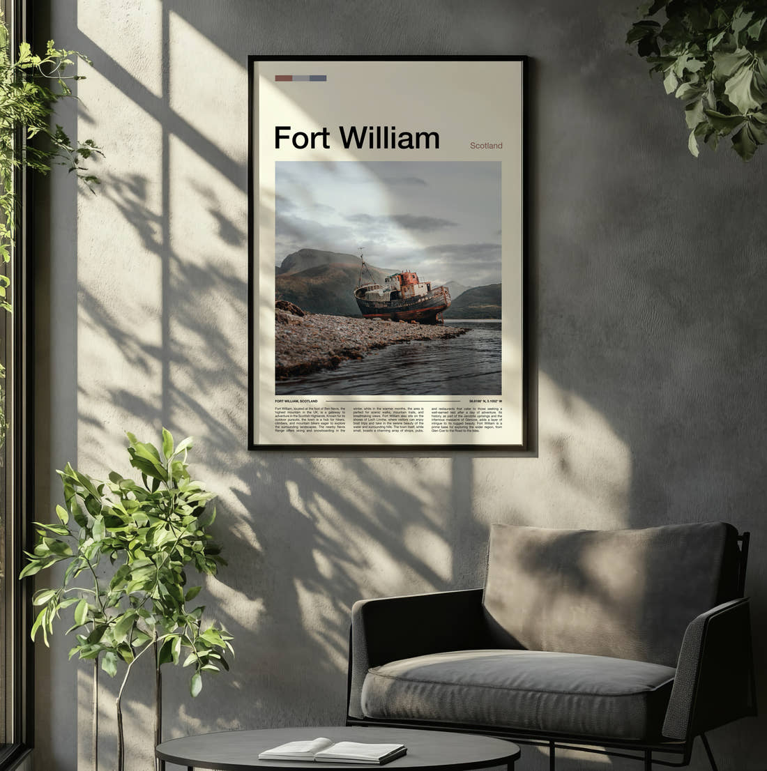 Fort William Shipwreck On The Shore Travel Print framed on the wall of a relaxed living room