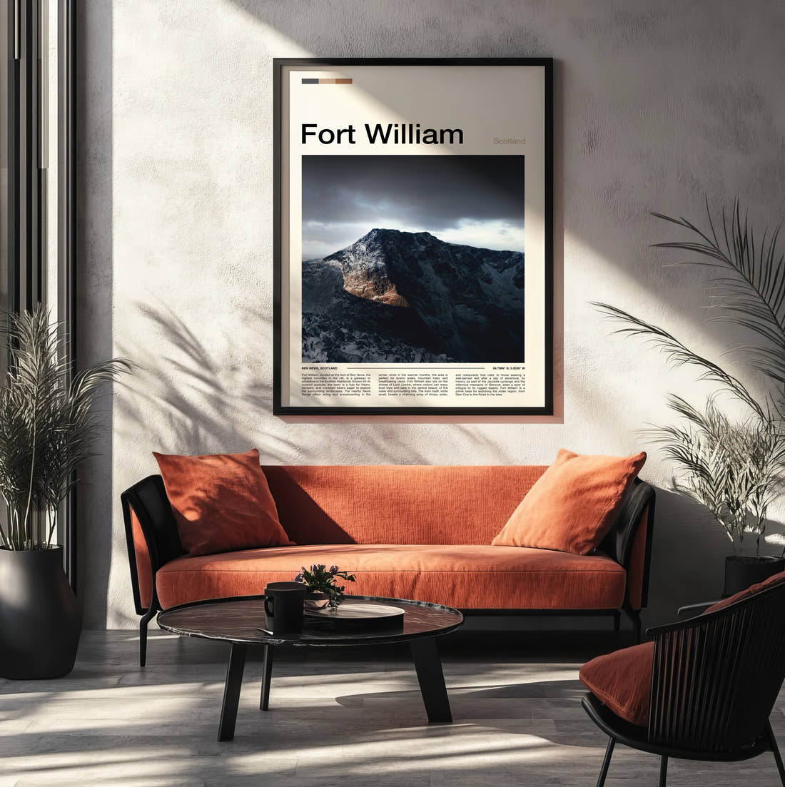 Fort William Stormy Mountain Peak Travel Print framed on the wall of a modern living room
