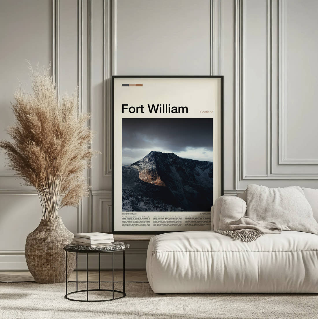 Fort William Stormy Mountain Peak Travel Print framed on the wall of a calm, neutral bedroom