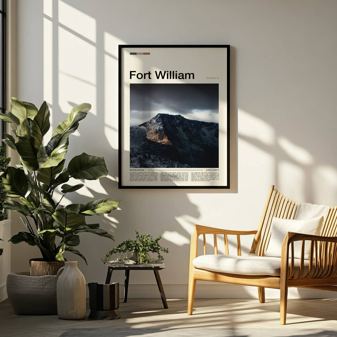 Fort William Stormy Mountain Peak Travel Print framed on a pale wall beside houseplants