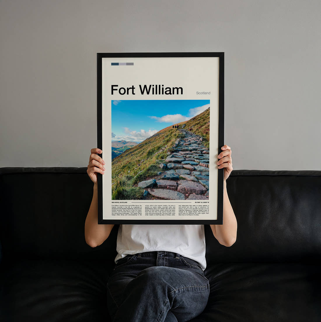 Fort William Stone Path Up The Hillside Travel Print held up by hand to show the size of the print