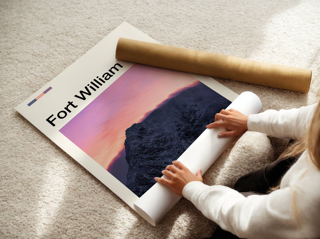 Fort William Mountain Under Pink Sky Travel Print being unrolled from its postal tube
