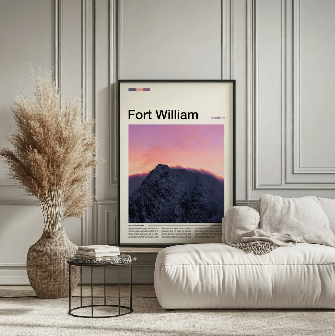 Fort William Mountain Under Pink Sky Travel Print framed on the wall of a calm, neutral bedroom