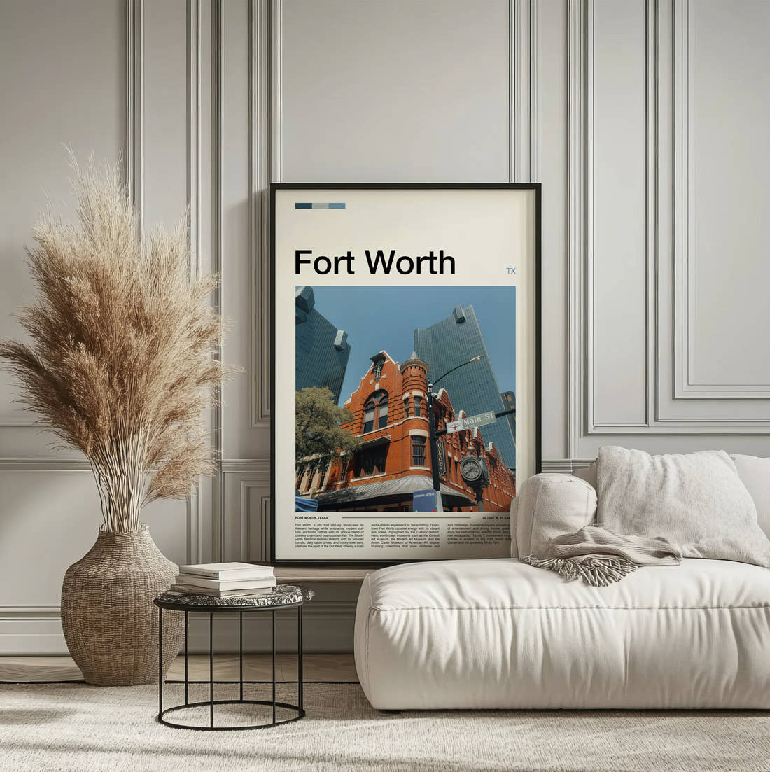 Fort Worth Historic Brick Building Travel Print framed on the wall of a calm, neutral bedroom