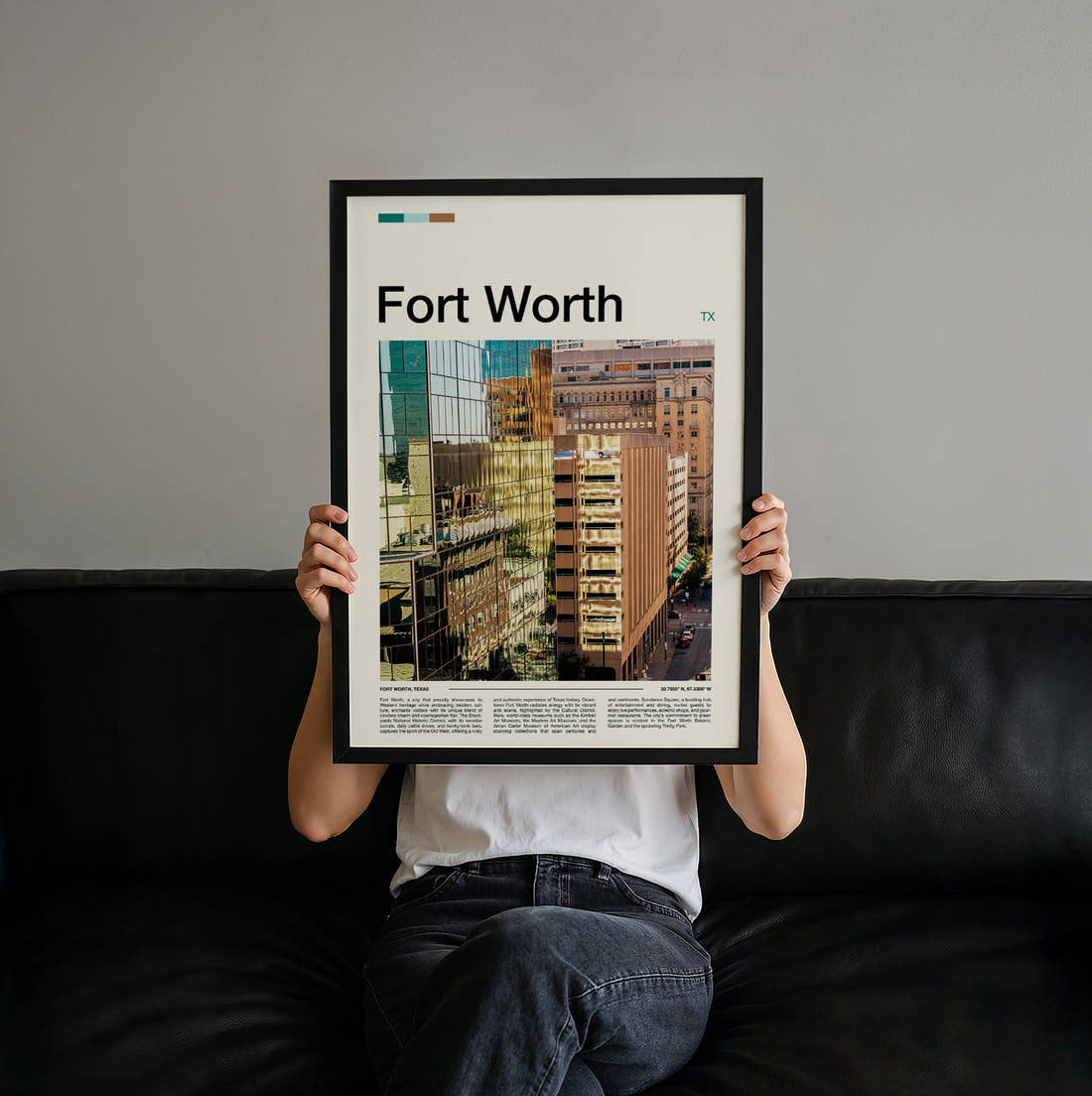 Fort Worth Reflective Glass Towers Travel Print held up by hand to show the size of the print