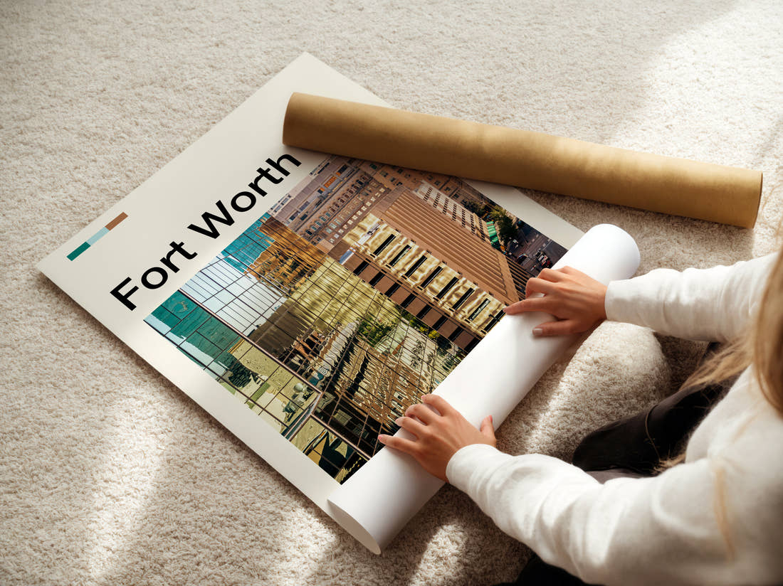 Fort Worth Reflective Glass Towers Travel Print being unrolled from its postal tube