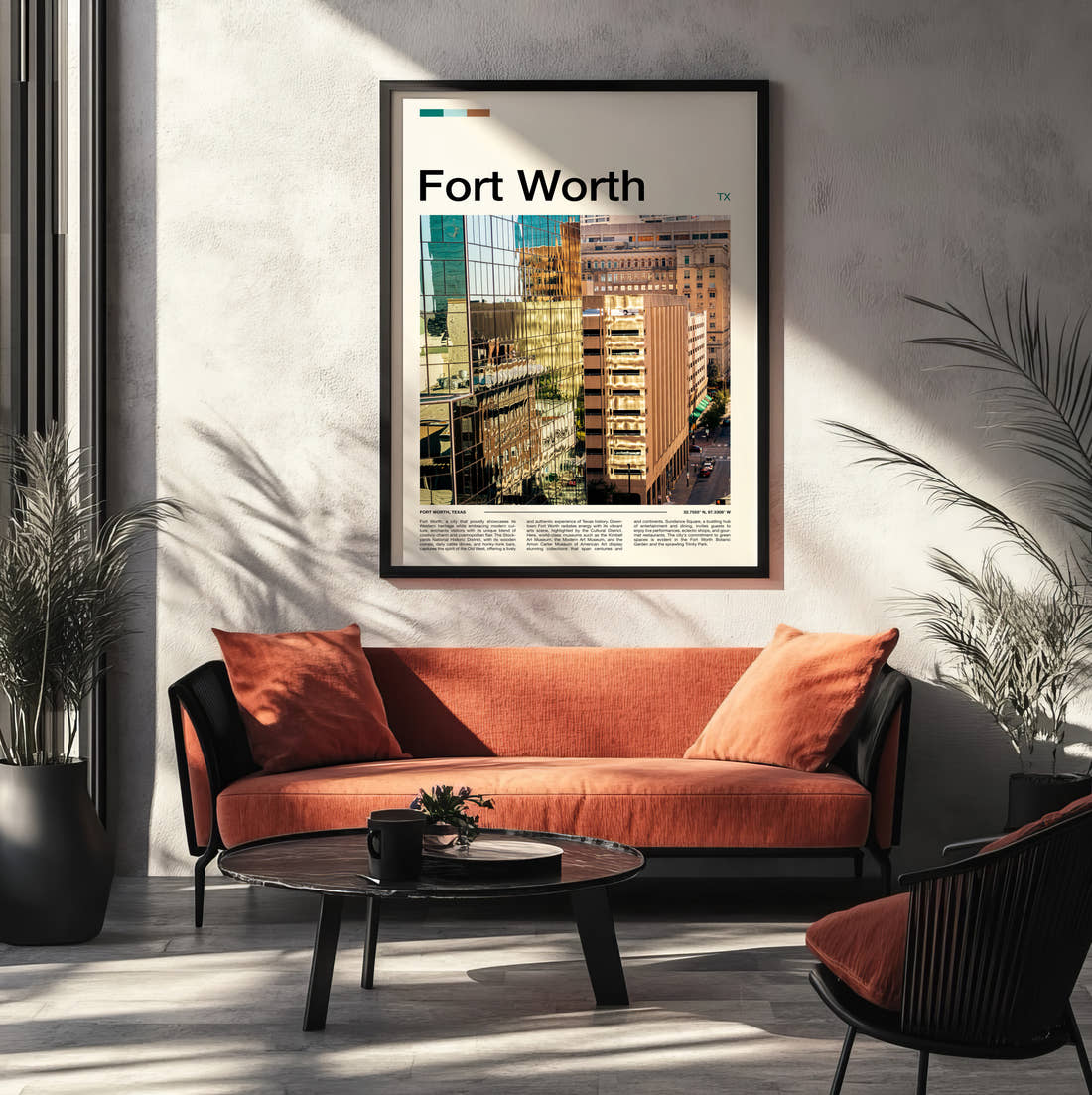 Fort Worth Reflective Glass Towers Travel Print framed on the wall of a modern living room