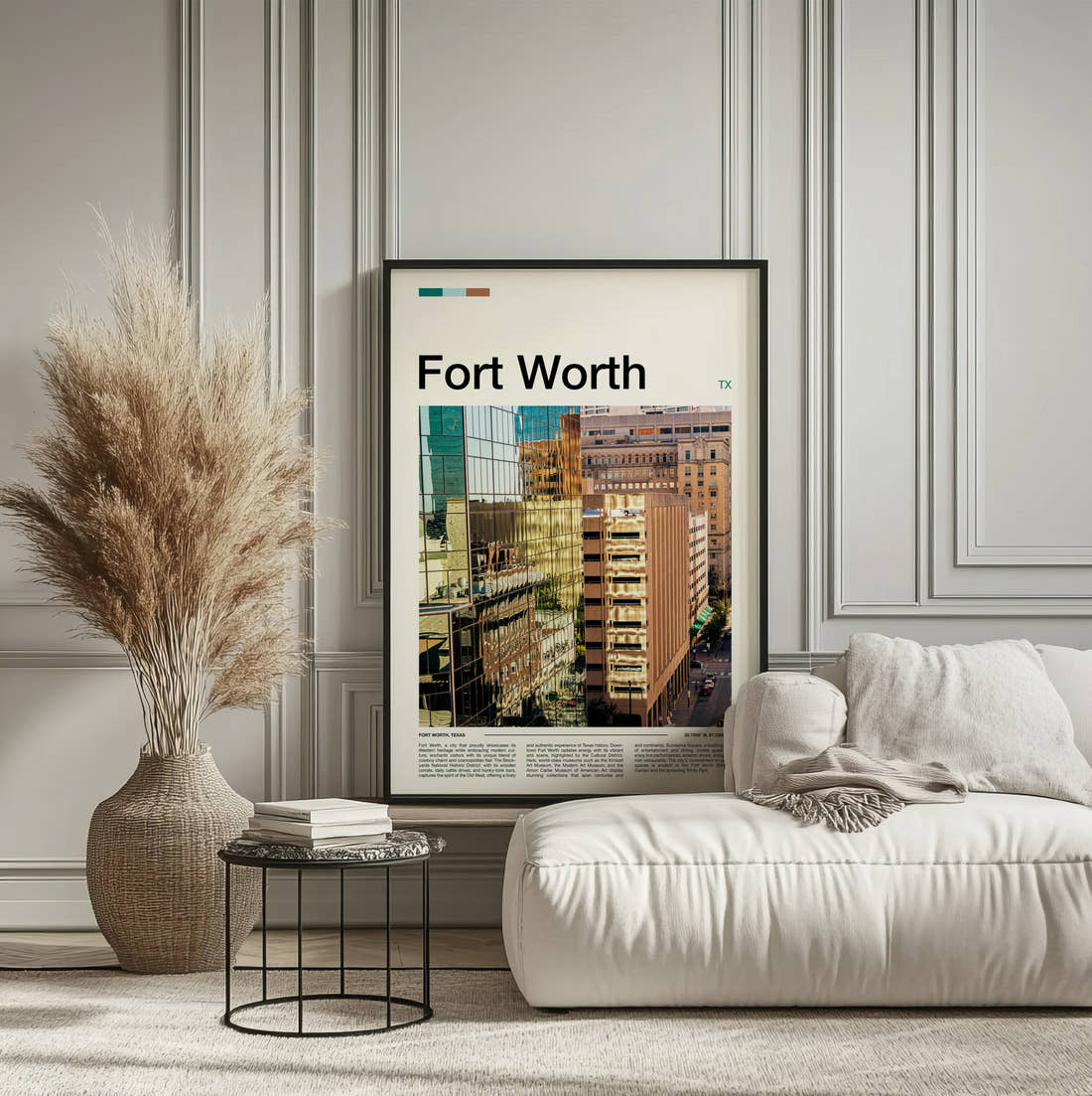 Fort Worth Reflective Glass Towers Travel Print framed on the wall of a calm, neutral bedroom
