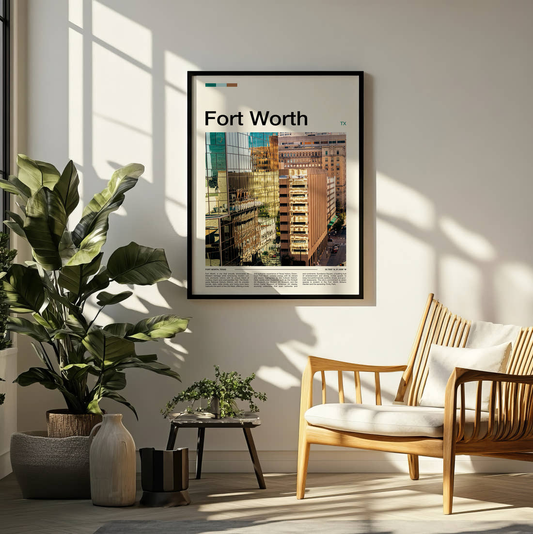 Fort Worth Reflective Glass Towers Travel Print framed on a pale wall beside houseplants