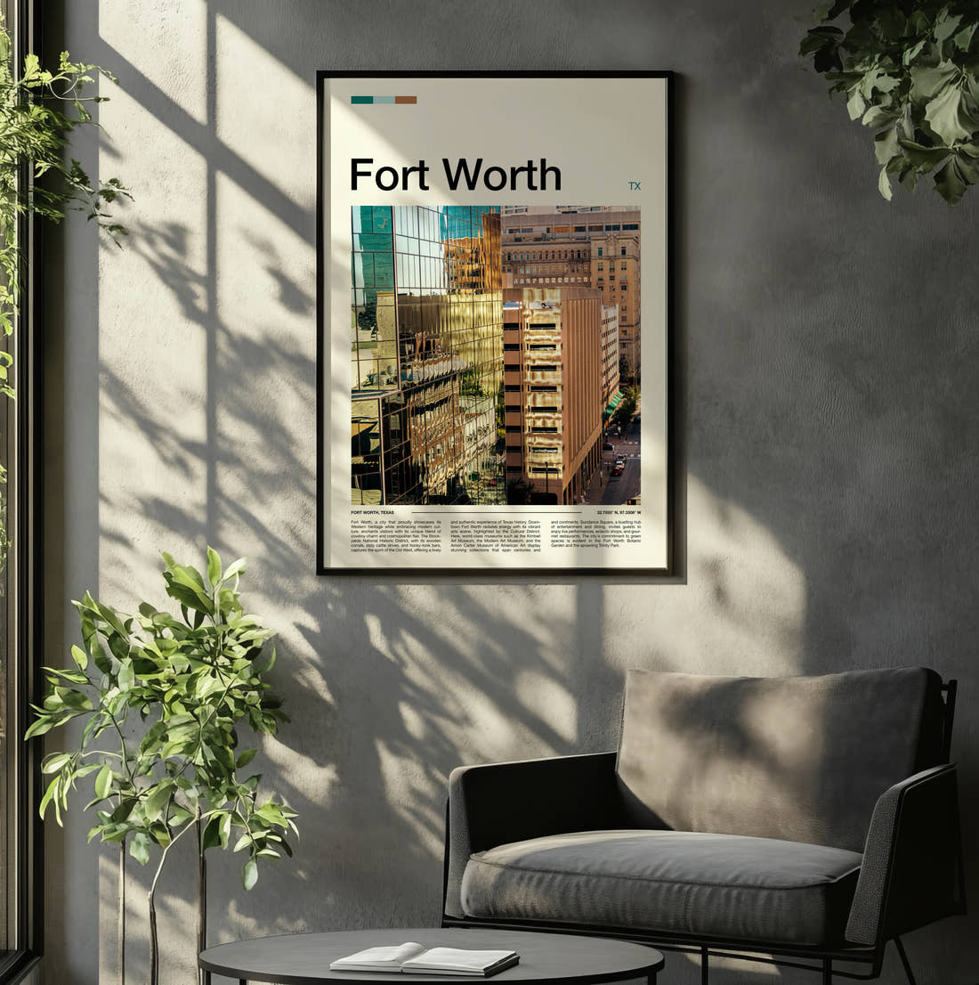 Fort Worth Reflective Glass Towers Travel Print framed on the wall of a relaxed living room